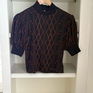 Free People  Mock Neck Cropped Short Sleeve Geometric Embroidered Print Top XS